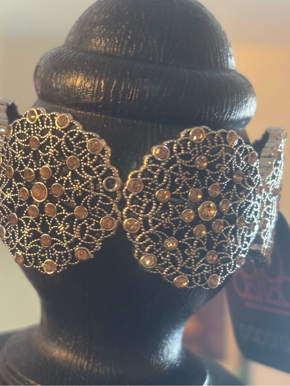 Gold tone Filigree Round Statement bracelet with Amber stones-
